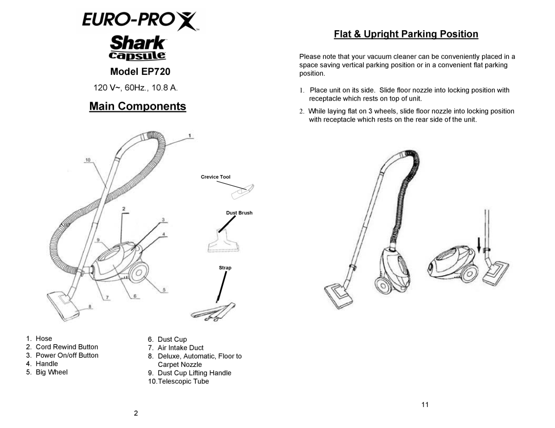 Euro-Pro manual Model EP720, Flat & Upright Parking Position 