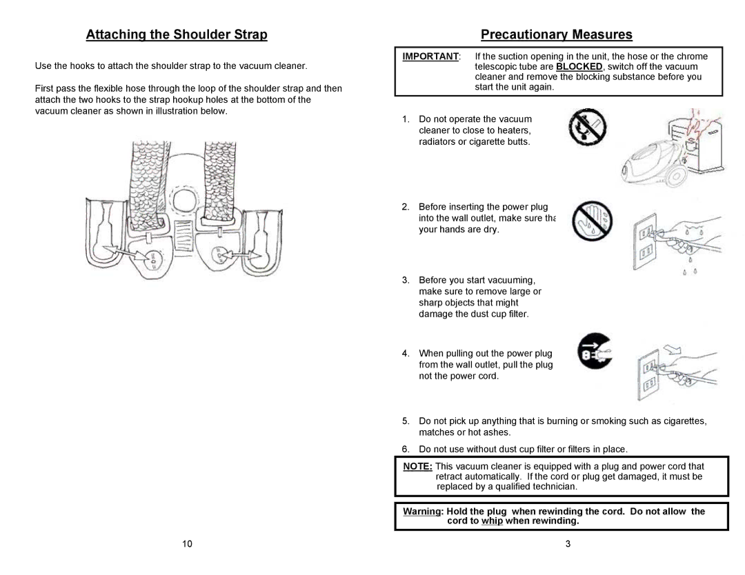 Euro-Pro EP720 manual Attaching the Shoulder Strap, Precautionary Measures 