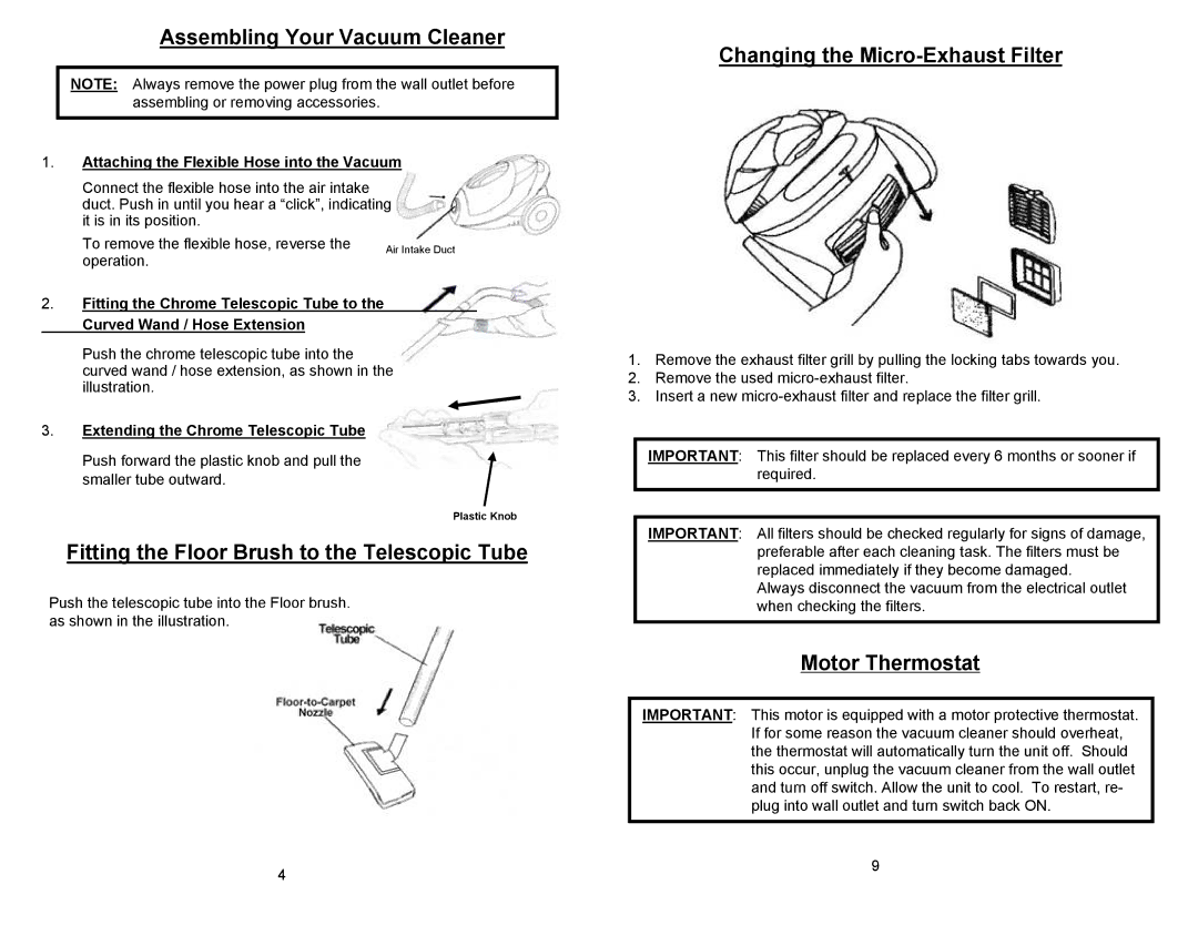 Euro-Pro EP720 manual Assembling Your Vacuum Cleaner, Fitting the Floor Brush to the Telescopic Tube, Motor Thermostat 