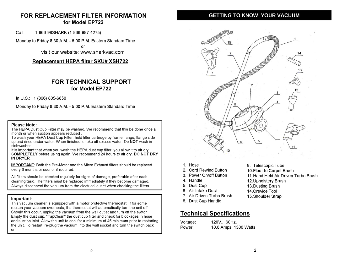 Euro-Pro EP722 For Replacement Filter Information, For Technical Support, Getting to Know Your Vacuum, Please Note 