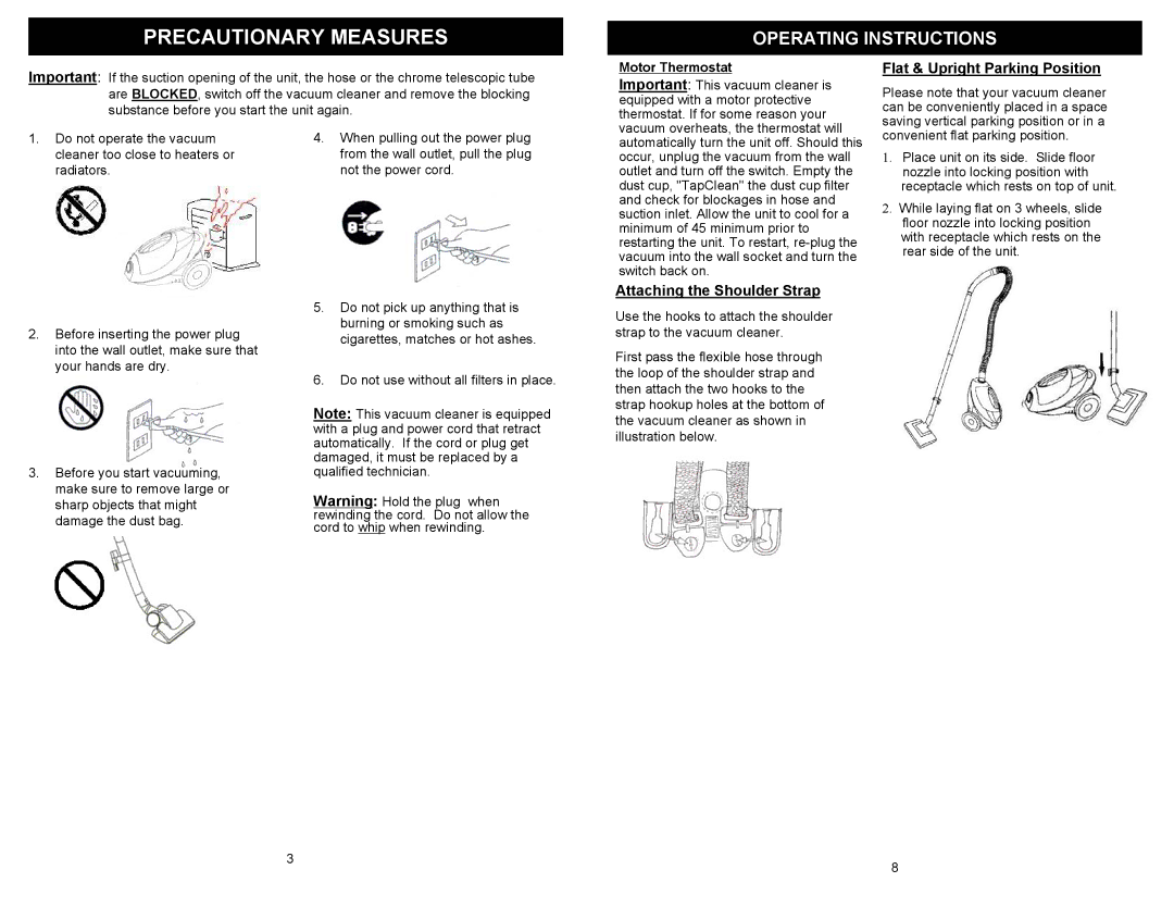 Euro-Pro EP722 owner manual Operating Instructions, Attaching the Shoulder Strap Flat & Upright Parking Position 