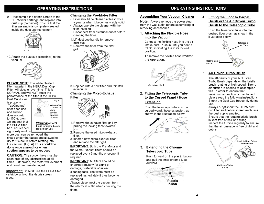 Euro-Pro EP722 Changing the Pre-Motor Filter, Changing the Micro-Exhaust Filter, Extending the Chrome Telescopic Tube 