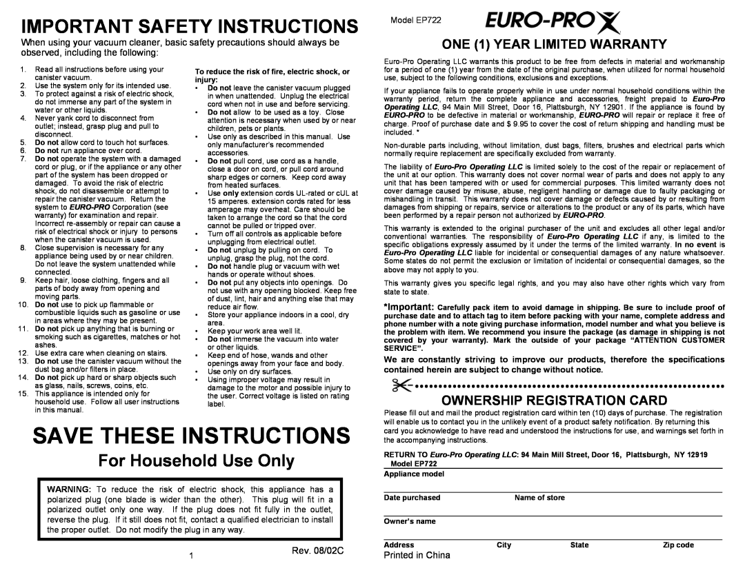 Euro-Pro EP722 ONE 1 YEAR LIMITED WARRANTY, Ownership Registration Card, Save These Instructions, For Household Use Only 