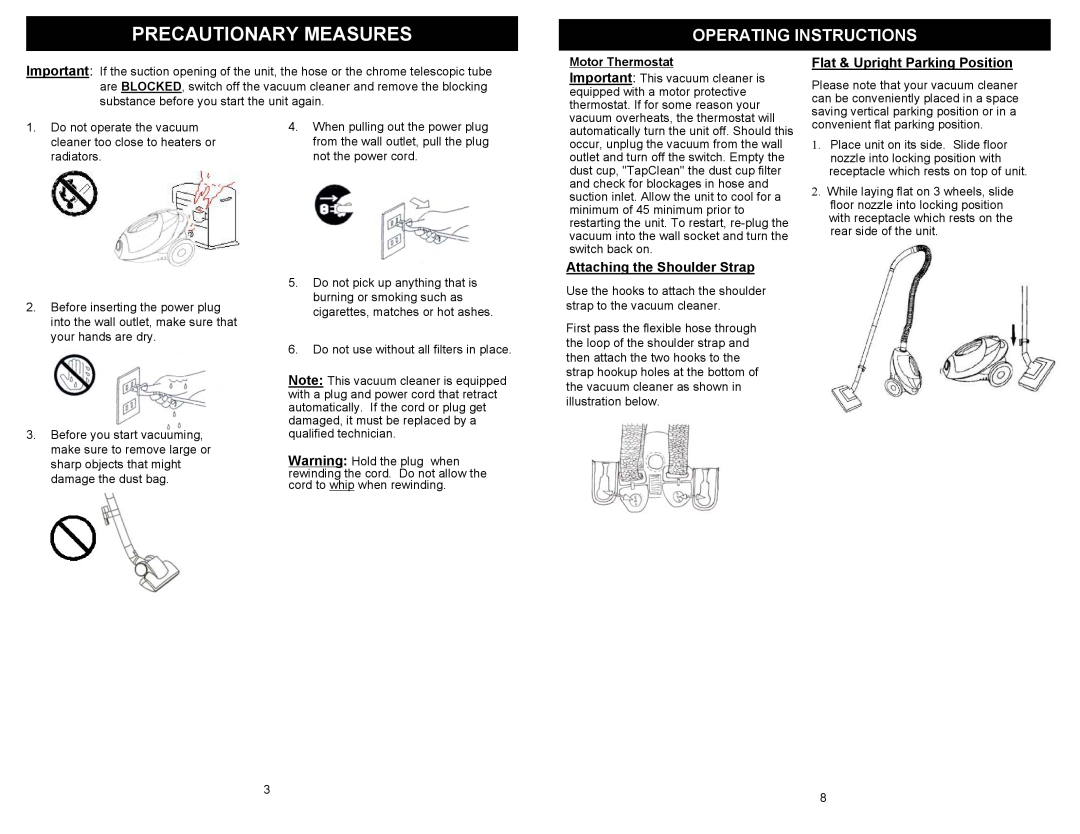 Euro-Pro EP722 Operating Instructions, Attaching the Shoulder Strap, Flat & Upright Parking Position, Motor Thermostat 