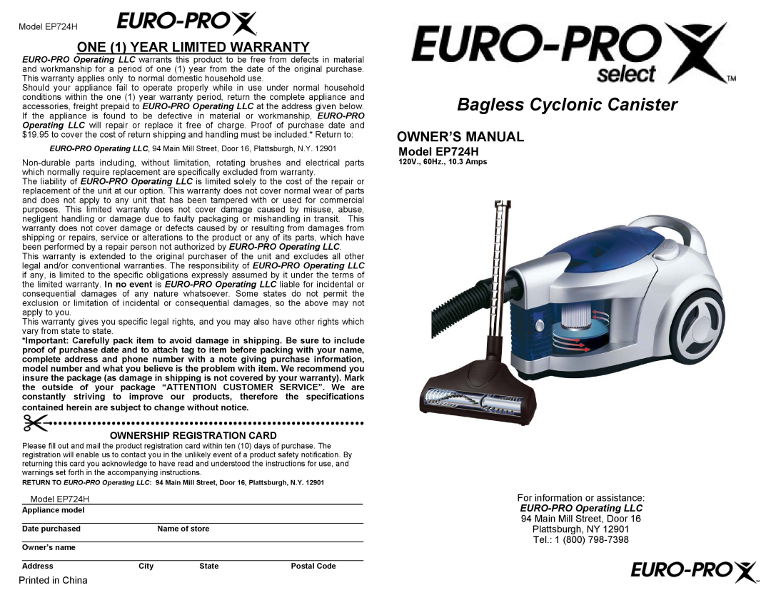 Euro-Pro owner manual Bagless Cyclonic Canister, ONE 1 YEAR LIMITED WARRANTY, Owner’S Manual, Model EP724H 