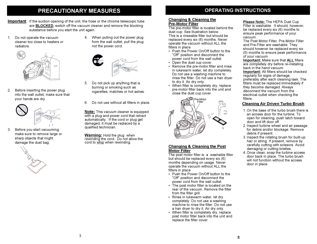 Euro-Pro EP724H Operating Instructions, Changing & Cleaning the Pre-Motor Filter, Cleaning Air Driven Turbo Brush 