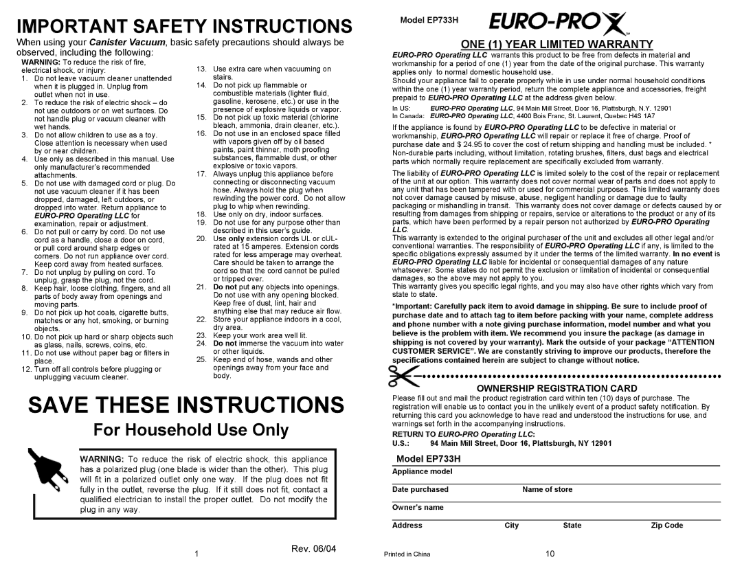 Euro-Pro owner manual Important Safety Instructions, Model EP733H 