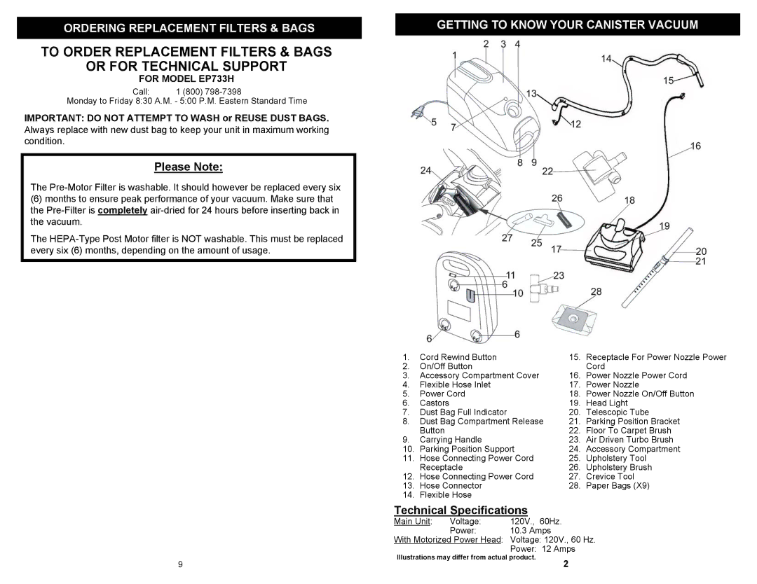 Euro-Pro EP733H owner manual Ordering Replacement Filters & Bags, Getting to Know Your Canister Vacuum 