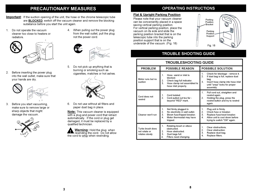 Euro-Pro EP733H owner manual Operating Instructions, Trouble Shooting Guide, Flat & Upright Parking Position 