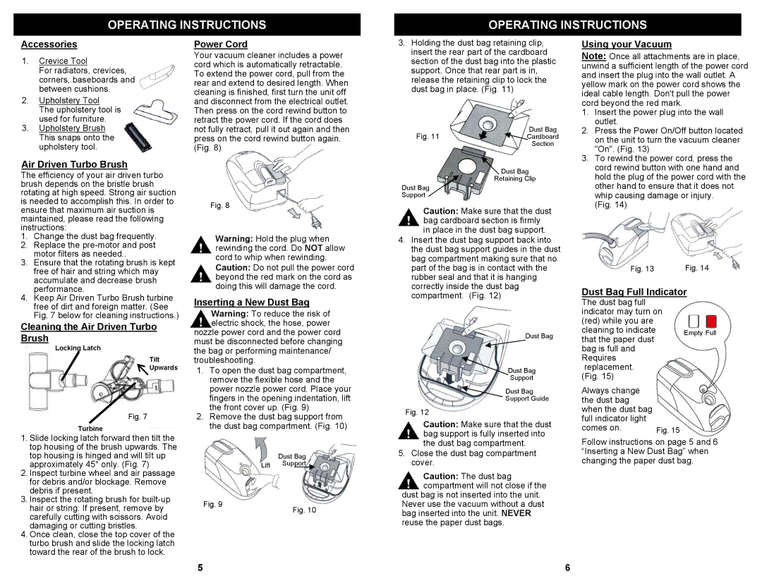 Euro-Pro EP733H owner manual Accessories, Cleaning the Air Driven Turbo Brush, Power Cord, Inserting a New Dust Bag 