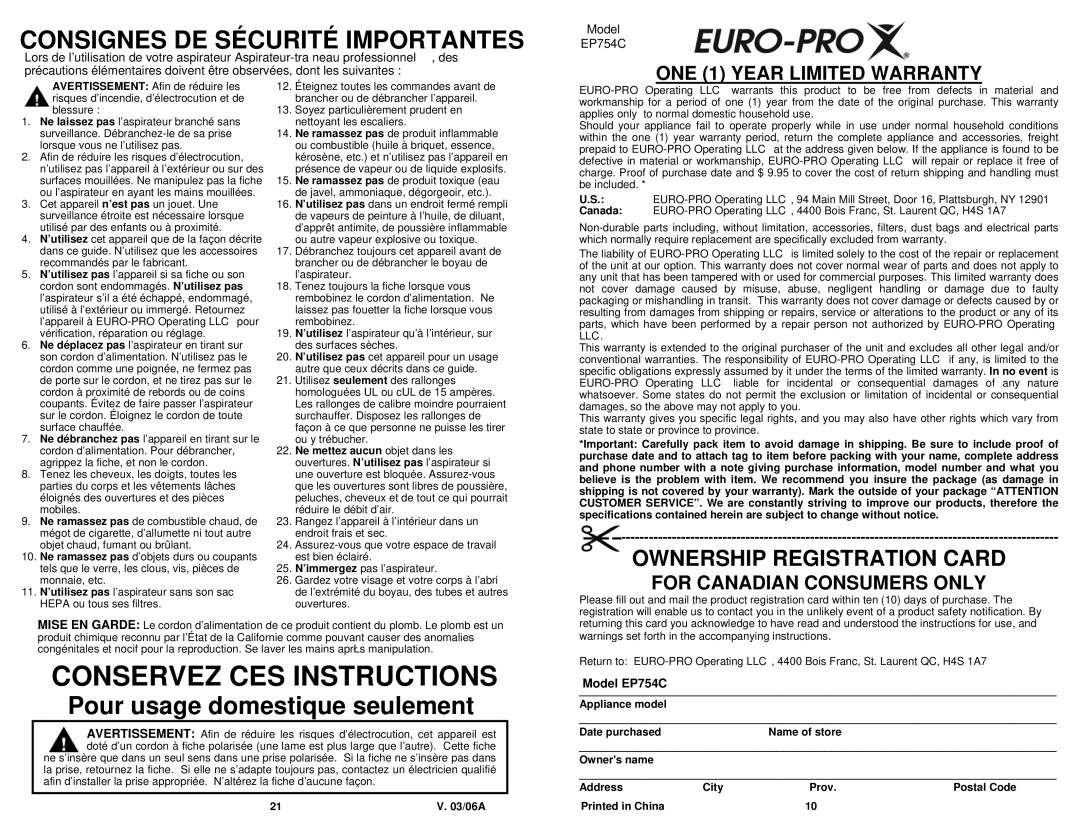 Euro-Pro EP754C owner manual ONE 1 Year Limited Warranty, For Canadian Consumers only 