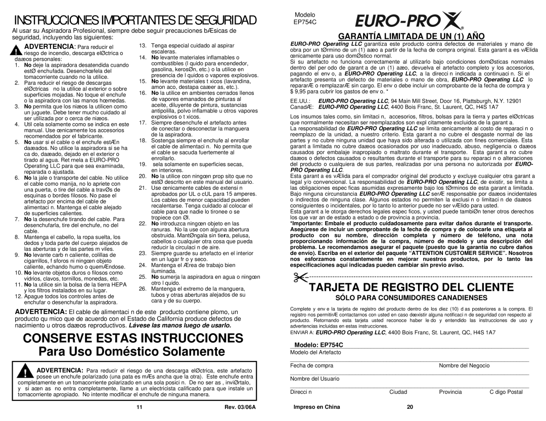 Euro-Pro EP754C owner manual Garantía Limitada DE UN 1 AÑO, Sólo Para Consumidores Canadienses 