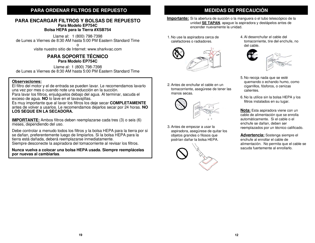 Euro-Pro EP754C Para Ordenar Filtros DE Repuesto, Para Encargar Filtros Y Bolsas DE Repuesto, Para Soporte Técnico 