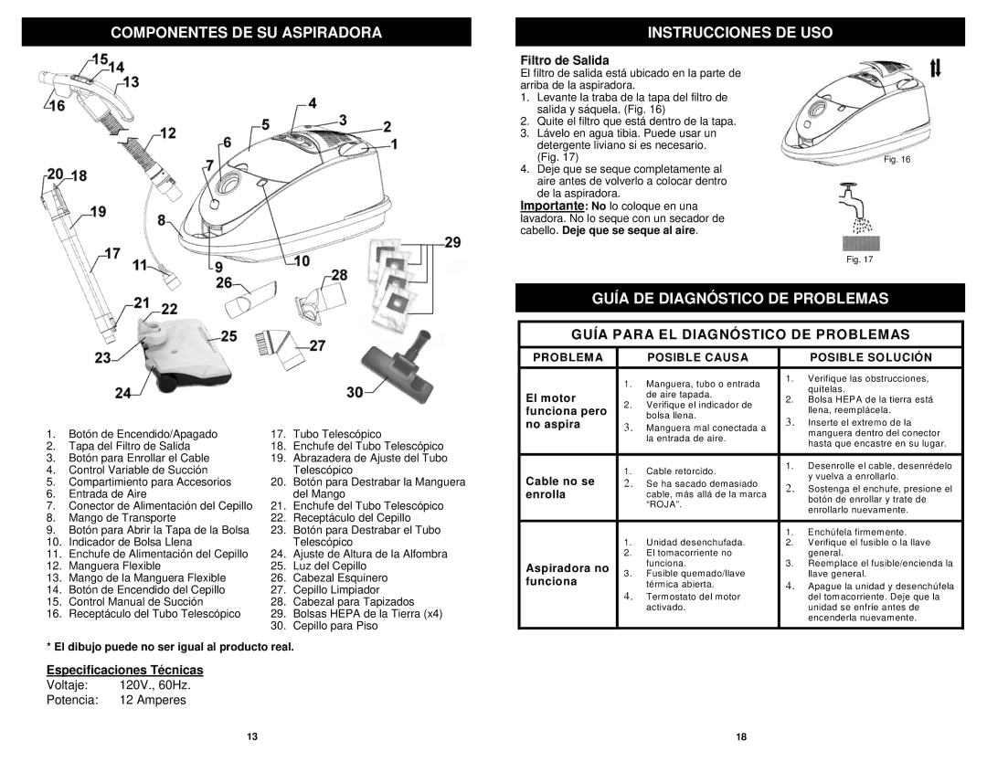 Euro-Pro EP754C Componentes DE SU Aspiradora, Instrucciones DE USO, Guía DE Diagnóstico DE Problemas, Filtro de Salida 