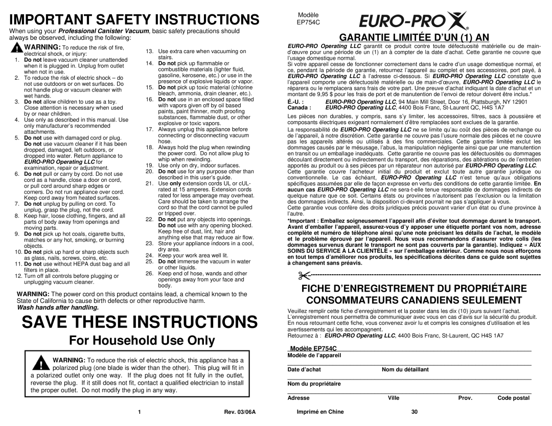 Euro-Pro EP754C Garantie Limitée D’UN 1 AN, Fiche D’ENREGISTREMENT DU Propriétaire, Consommateurs Canadiens Seulement 