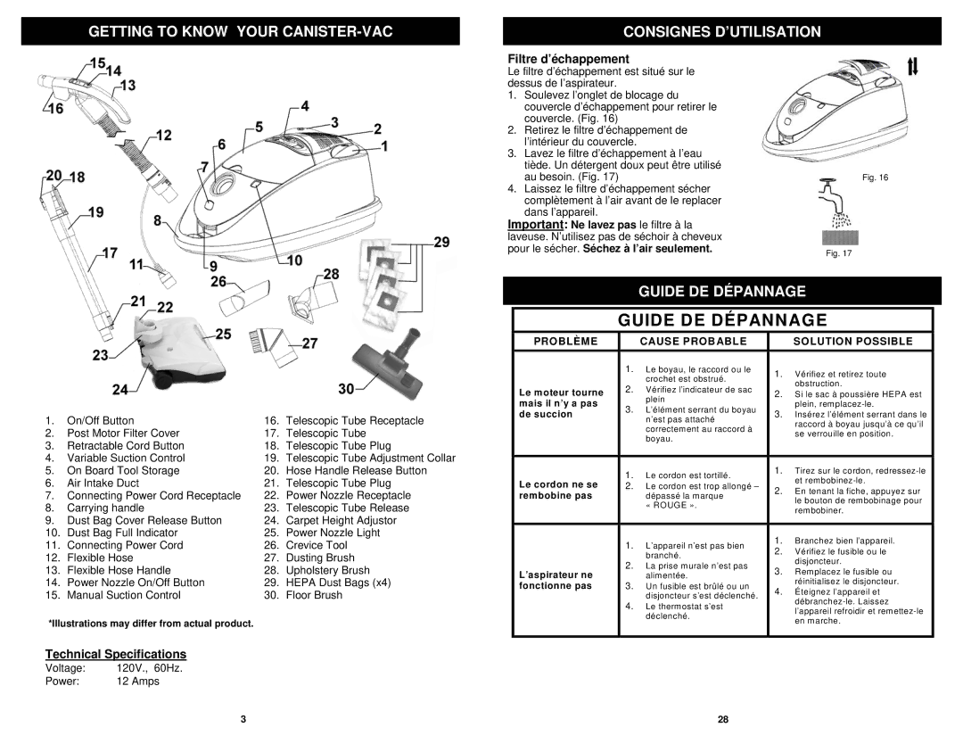 Euro-Pro EP754C Getting to Know Your CANISTER-VAC Consignes D’UTILISATION, Guide DE Dépannage, Filtre d’échappement 