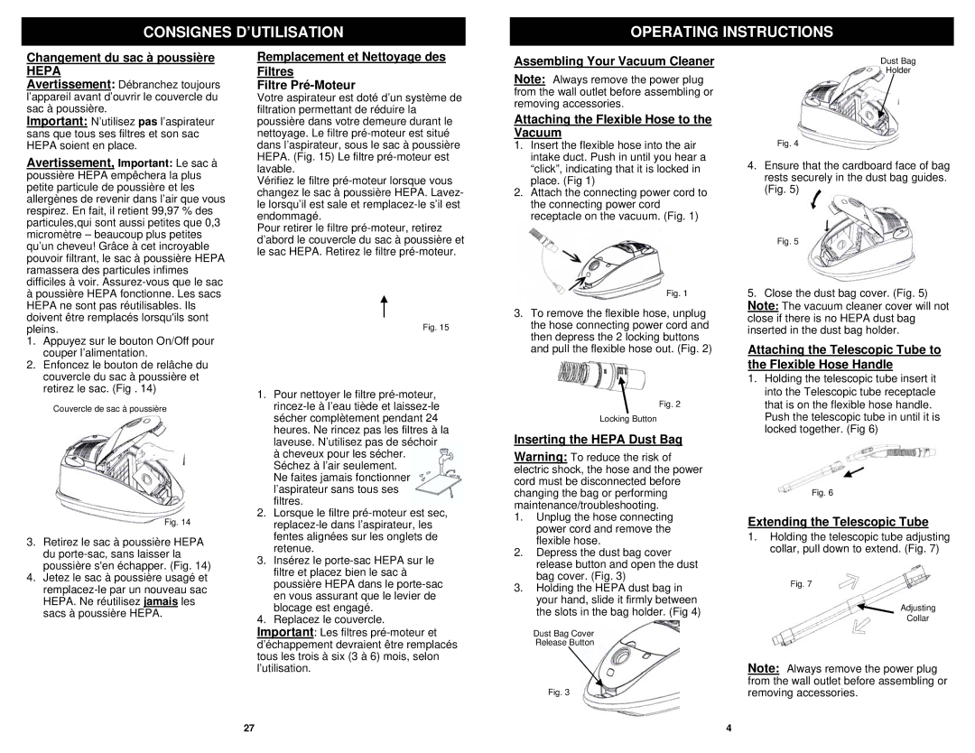 Euro-Pro EP754C owner manual Consignes D’UTILISATION Operating Instructions, Hepa 