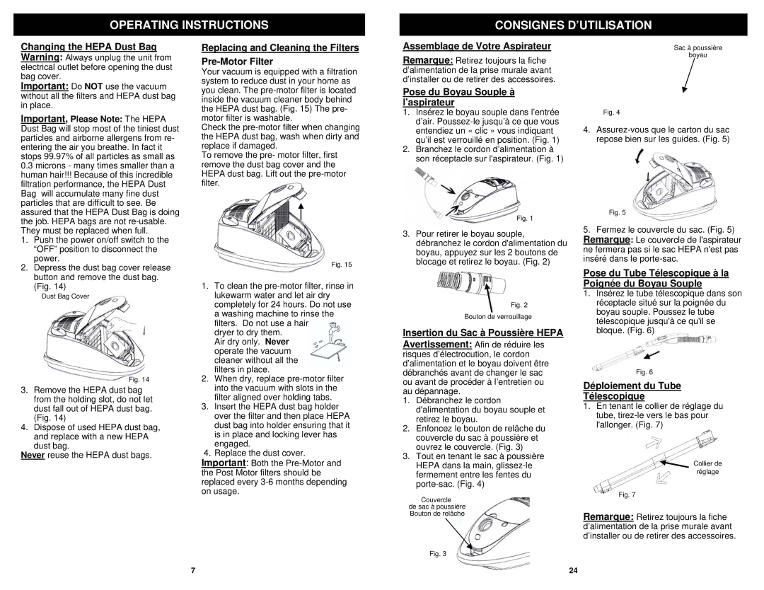 Euro-Pro EP754C owner manual Replacing and Cleaning the Filters Pre-Motor Filter, Assemblage de Votre Aspirateur 