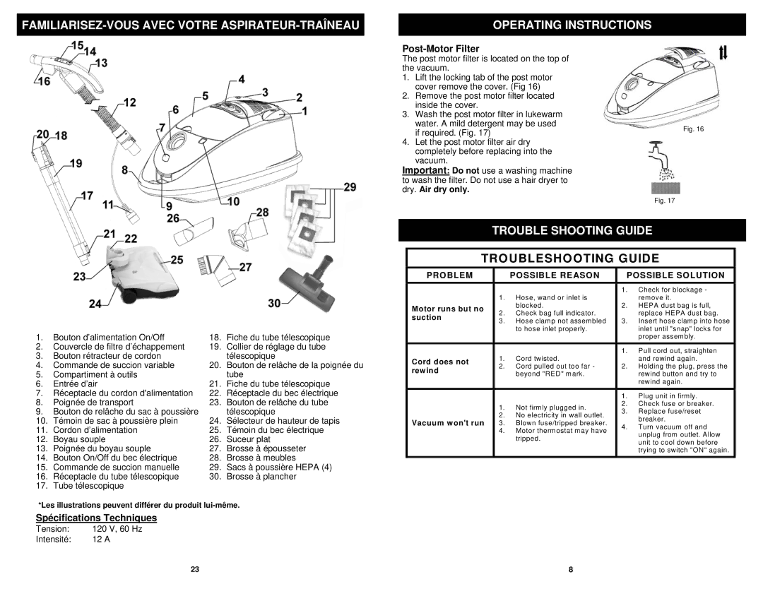 Euro-Pro EP754C owner manual Trouble Shooting Guide, Troubleshooting Guide, Post-Motor Filter, Spécifications Techniques 