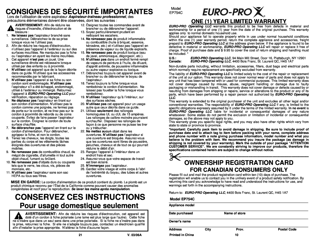 Euro-Pro EP754C Conservez Ces Instructions, Consignes De Sécurité Importantes, Pour usage domestique seulement, Address 