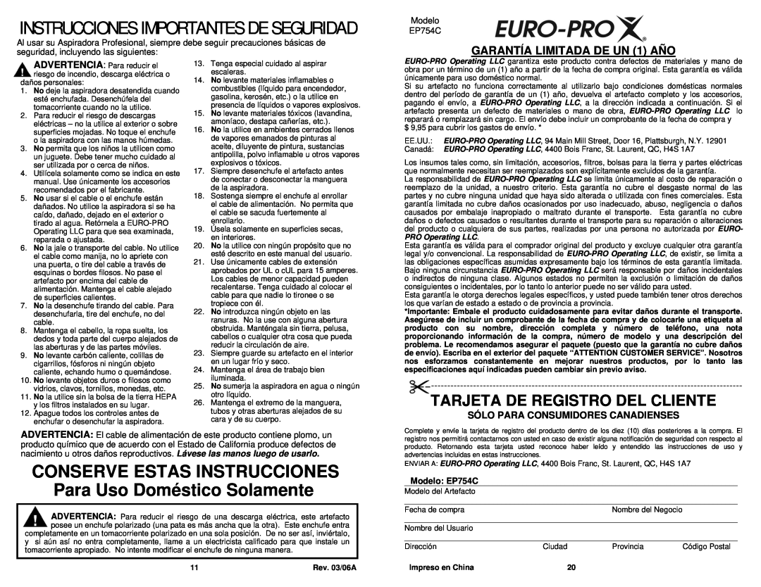 Euro-Pro EP754C Instrucciones Importantes De Seguridad, CONSERVE ESTAS INSTRUCCIONES Para Uso Doméstico Solamente 
