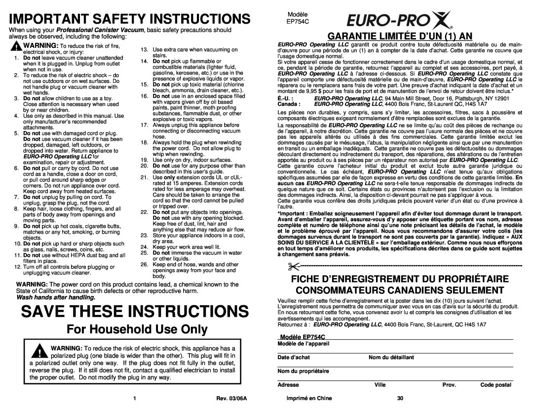 Euro-Pro EP754C Important Safety Instructions, For Household Use Only, GARANTIE LIMITÉE D’UN 1 AN, Save These Instructions 