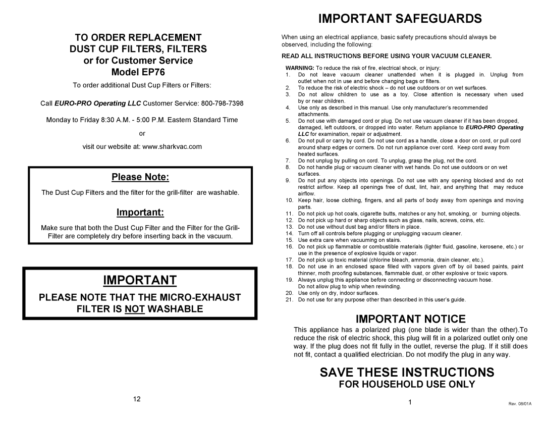 Euro-Pro EP76 manual Important Safeguards, Please Note 