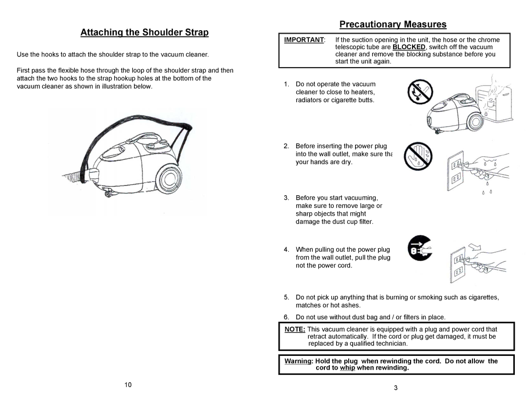 Euro-Pro EP76 manual Attaching the Shoulder Strap, Precautionary Measures 