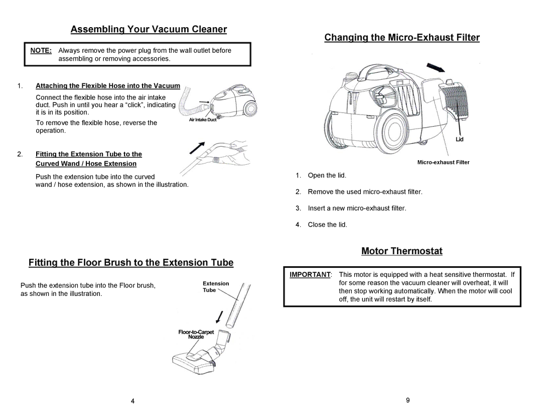 Euro-Pro EP76 manual Assembling Your Vacuum Cleaner, Fitting the Floor Brush to the Extension Tube, Motor Thermostat 