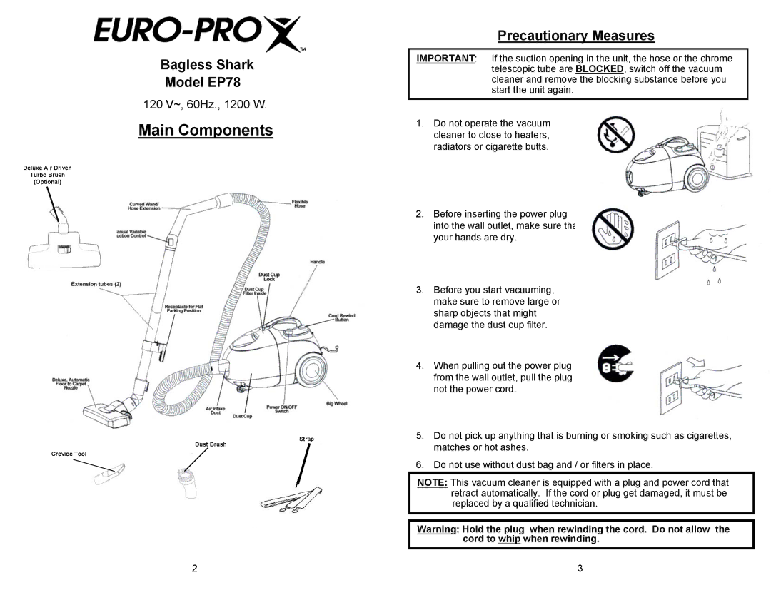 Euro-Pro manual Bagless Shark Model EP78, Precautionary Measures 