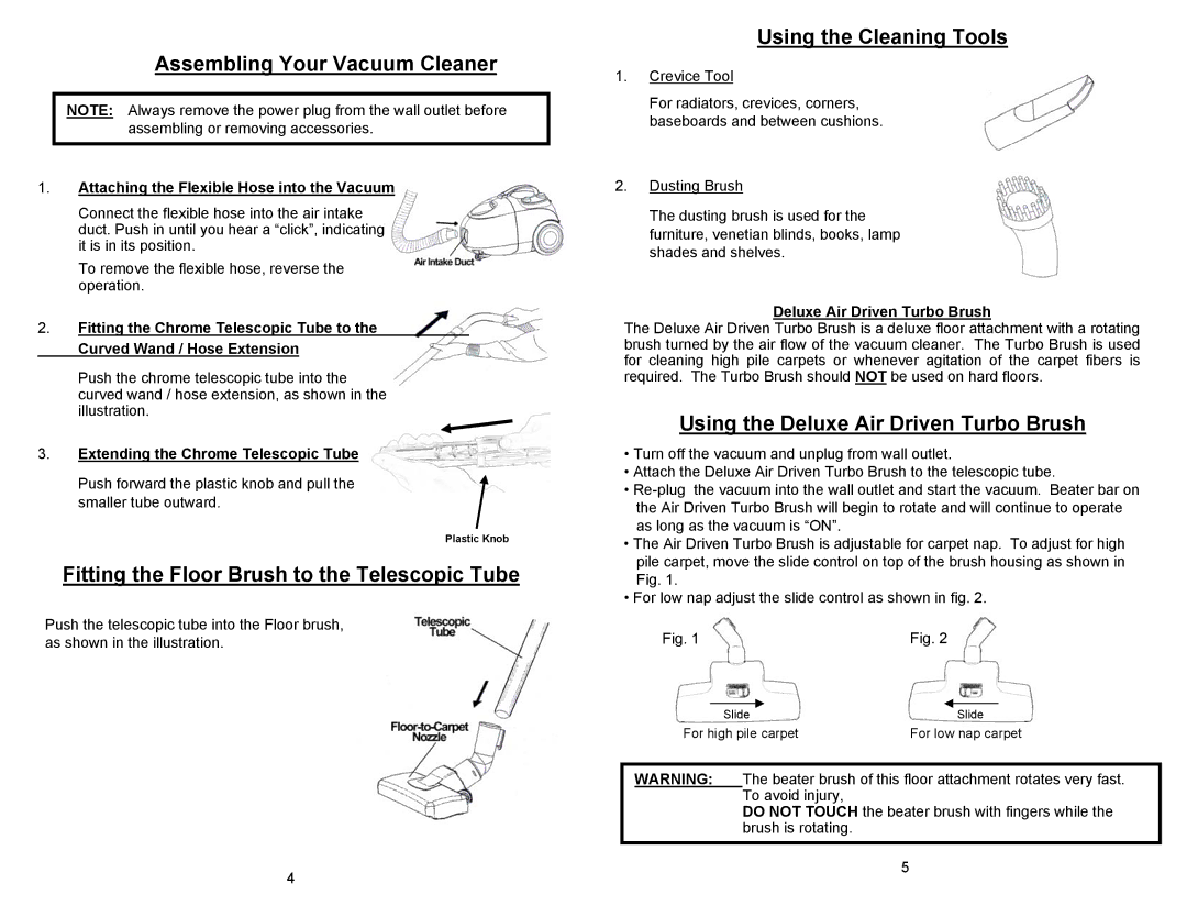 Euro-Pro EP78 Assembling Your Vacuum Cleaner, Fitting the Floor Brush to the Telescopic Tube, Using the Cleaning Tools 