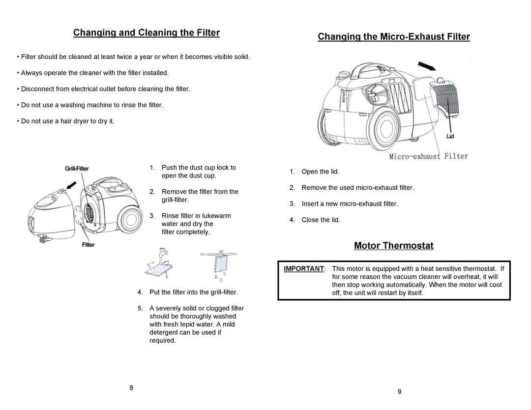 Euro-Pro EP78 manual Changing and Cleaning the Filter, Changing the Micro-Exhaust Filter, Motor Thermostat 