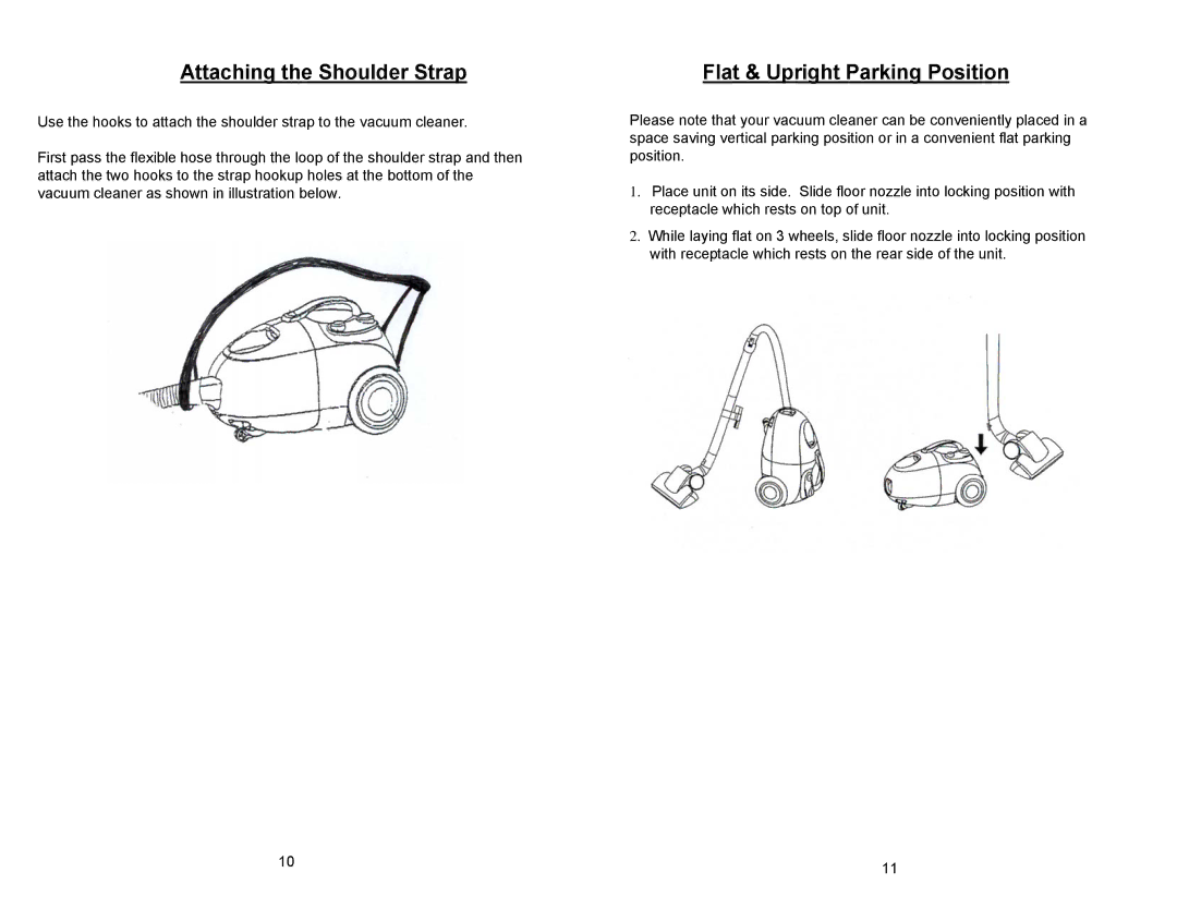 Euro-Pro EP78 manual Attaching the Shoulder Strap, Flat & Upright Parking Position 