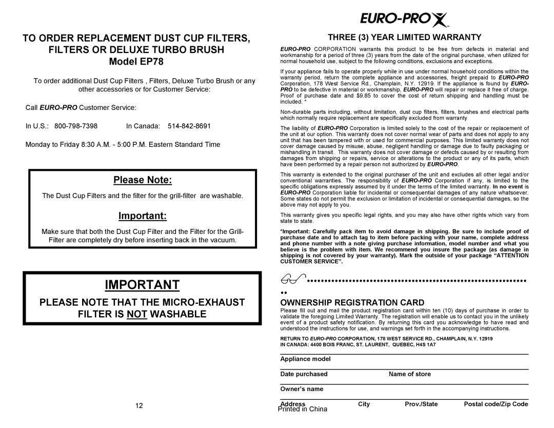 Euro-Pro EP78 manual Please Note That the MICRO-EXHAUST Filter is not Washable 