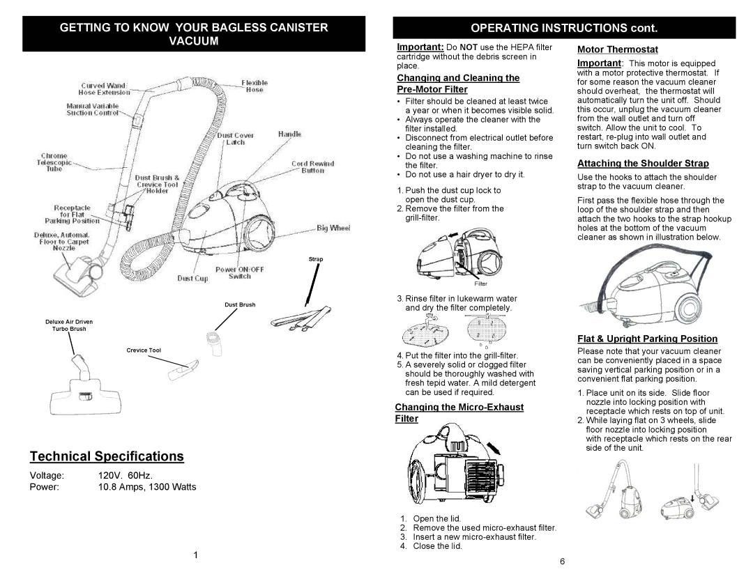 Euro-Pro EP79 owner manual Technical Specifications, Getting to Know Your Bagless Canister, Vacuum 