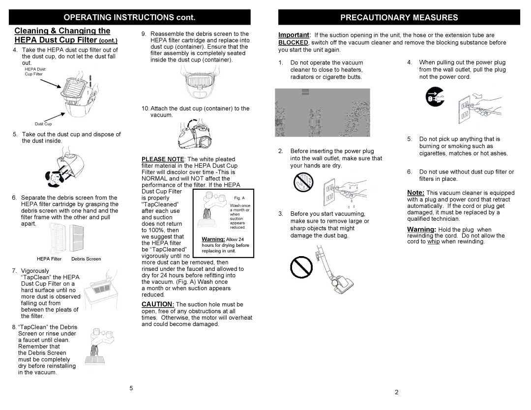 Euro-Pro EP79 owner manual Precautionary Measures, Cleaning & Changing the Hepa Dust Cup Filter 