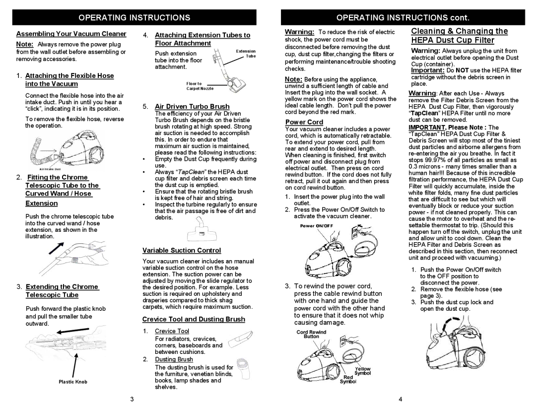 Euro-Pro EP79 owner manual Operating Instructions 