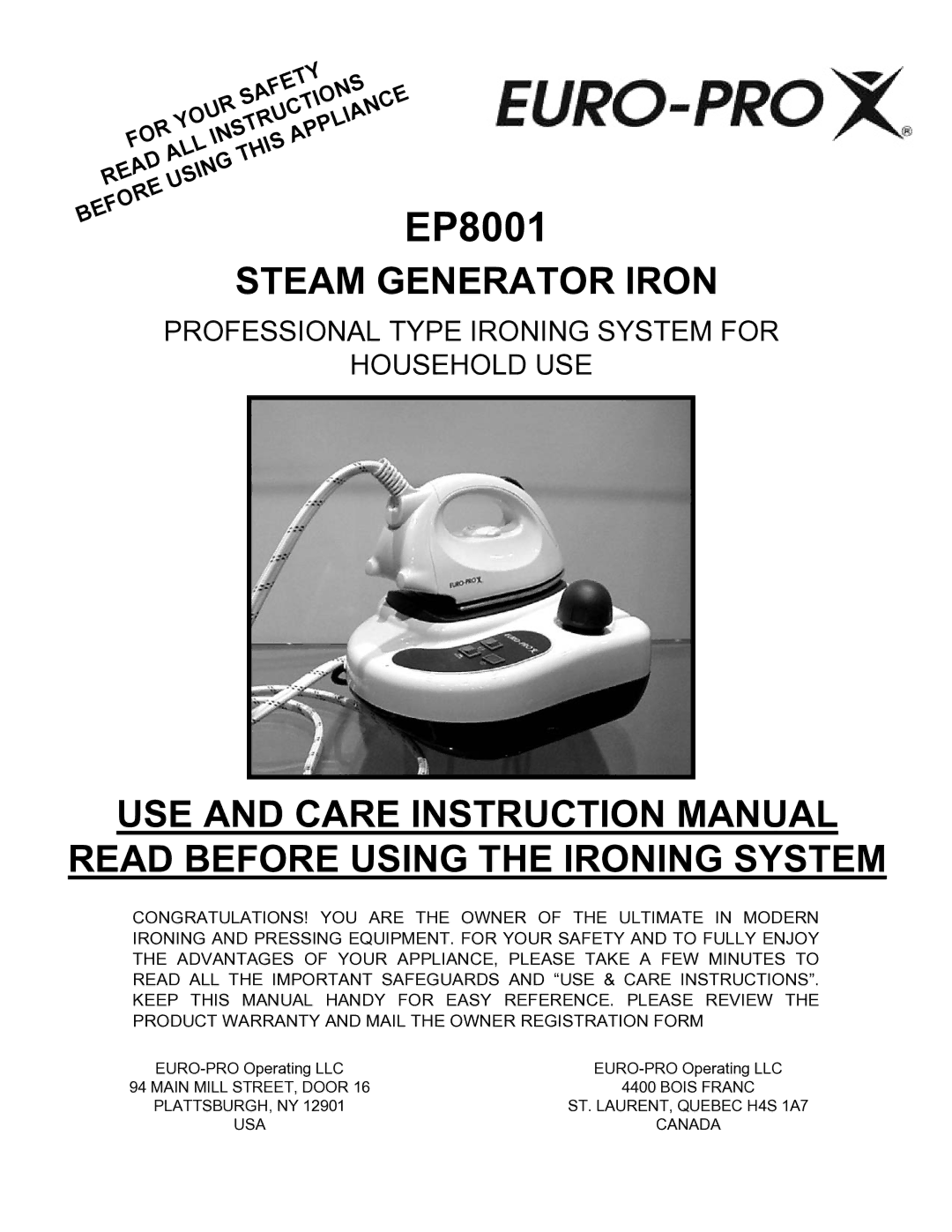 Euro-Pro EP8001 instruction manual 