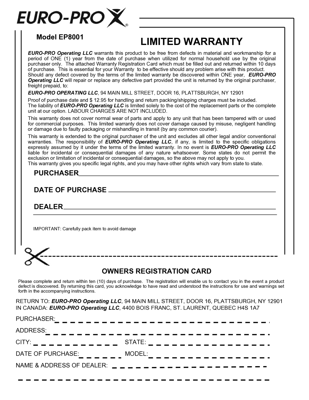 Euro-Pro EP8001 instruction manual Purchaser Date of Purchase Dealer, Owners Registration Card 