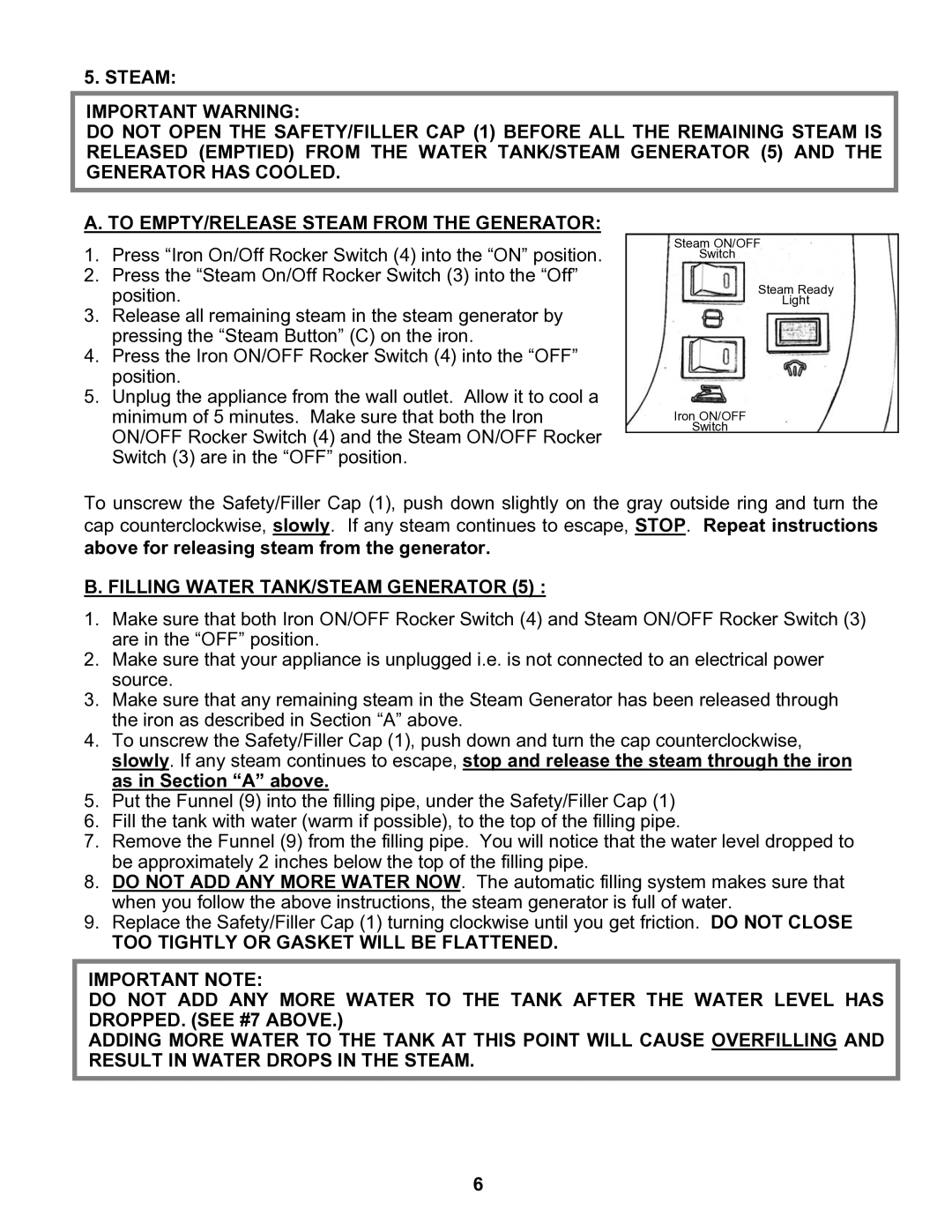 Euro-Pro EP8001 instruction manual Filling Water TANK/STEAM Generator 