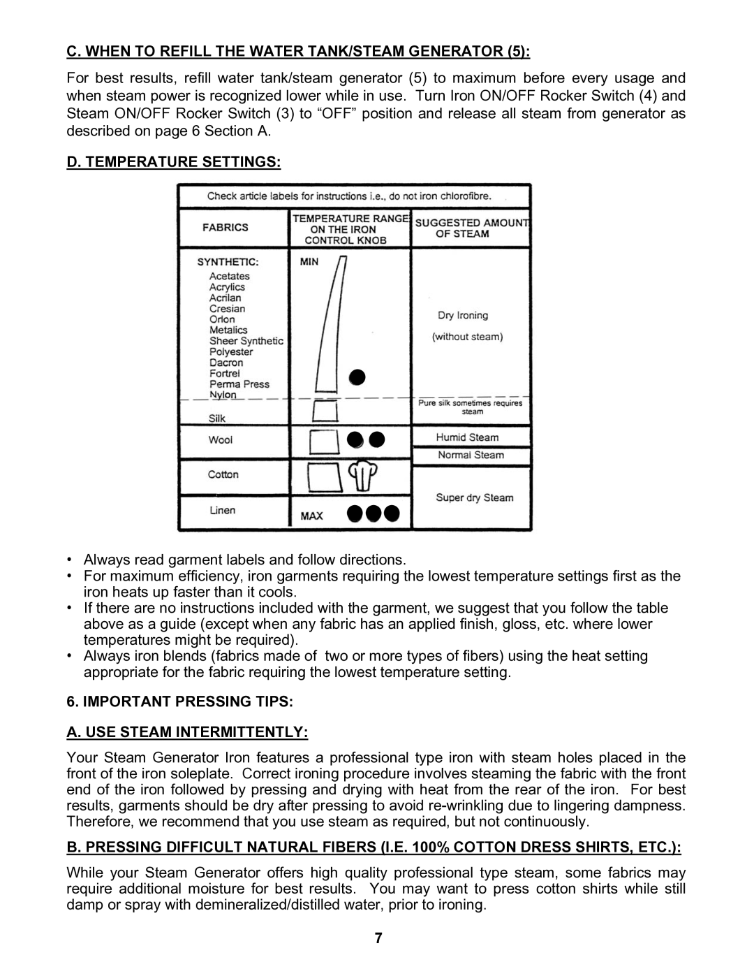 Euro-Pro EP8001 instruction manual When to Refill the Water TANK/STEAM Generator, Temperature Settings 