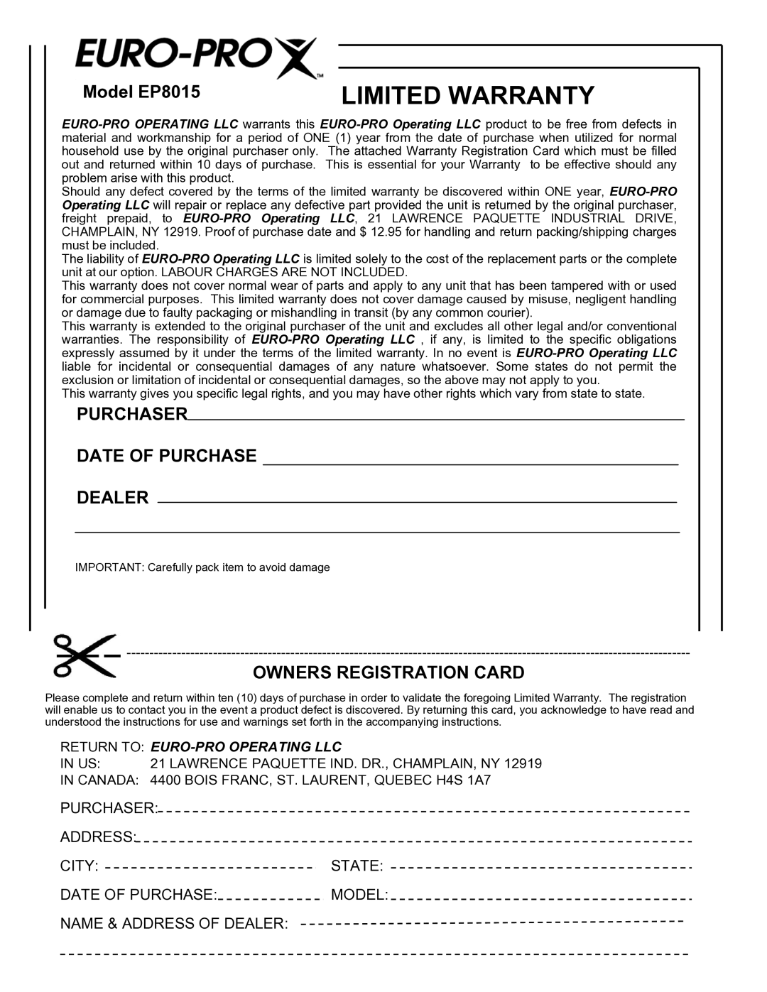 Euro-Pro EP8015 instruction manual Purchaser Date of Purchase Dealer, Owners Registration Card 