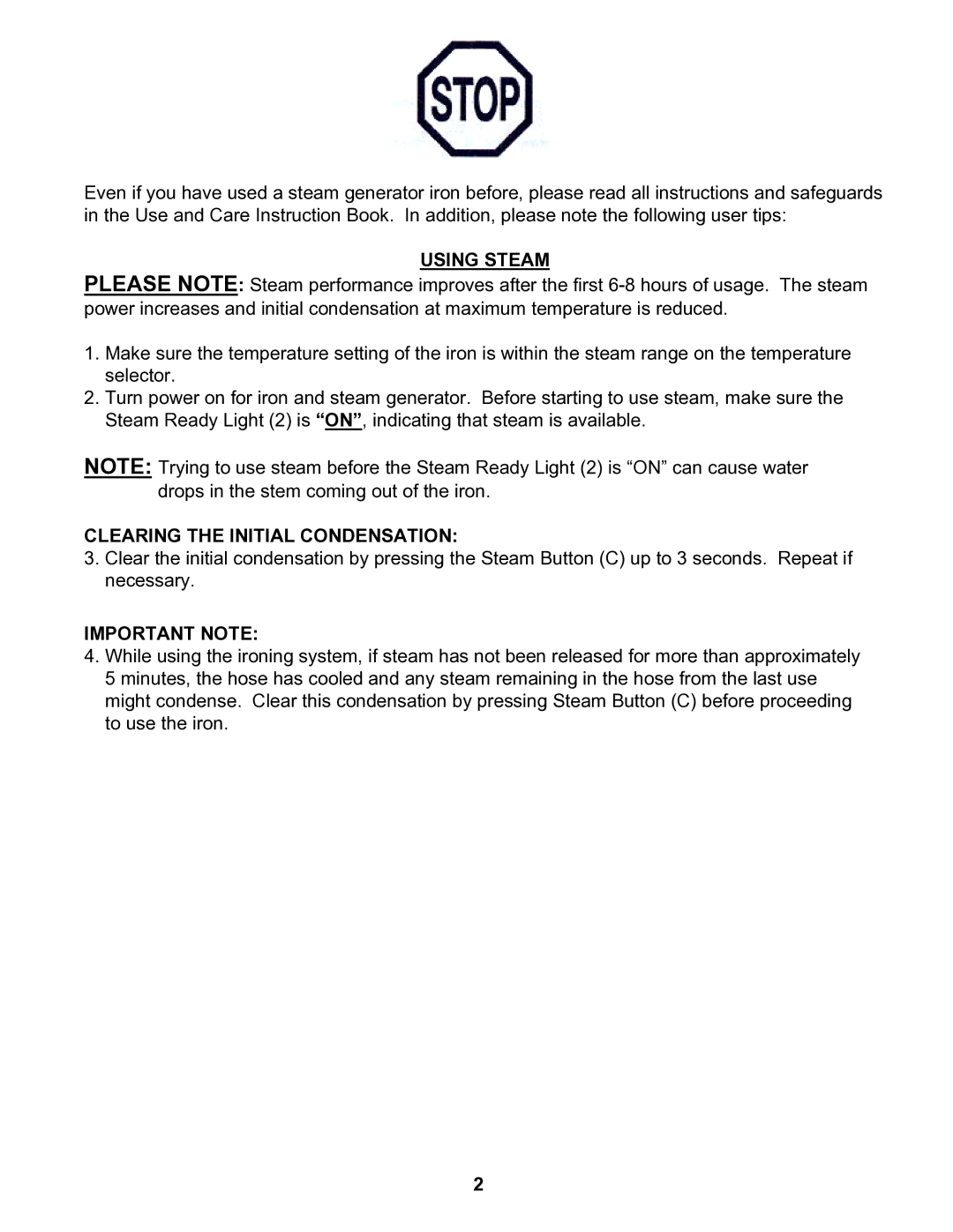 Euro-Pro EP8015 instruction manual Using Steam, Clearing the Initial Condensation, Important Note 