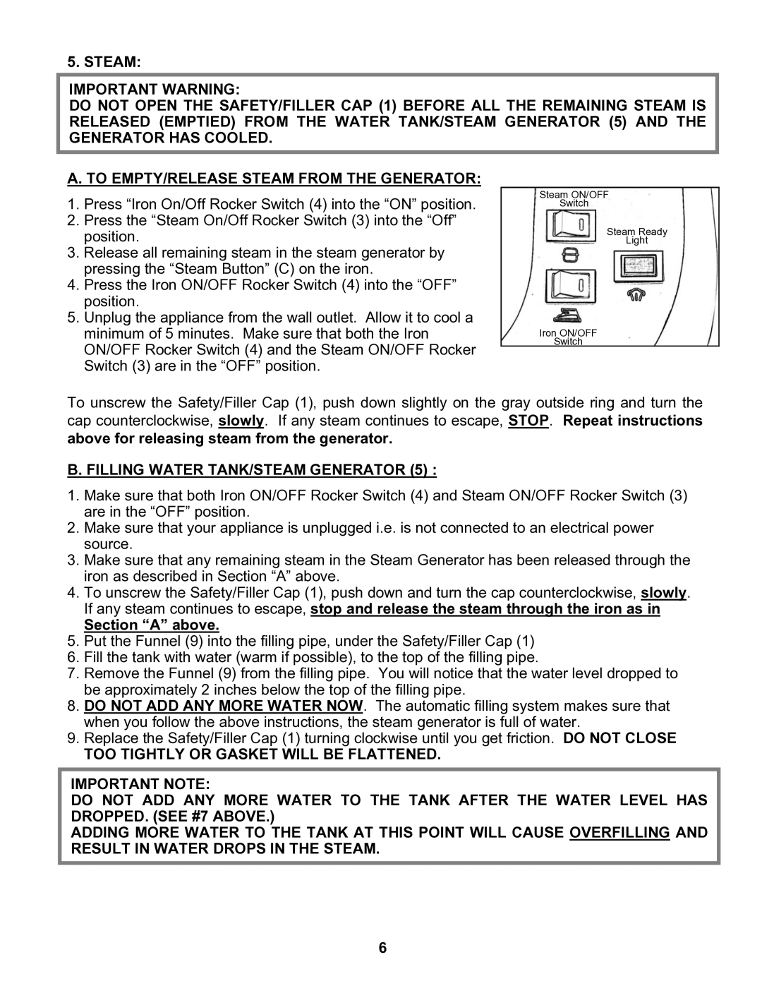 Euro-Pro EP8015 instruction manual Filling Water TANK/STEAM Generator, Section a above 