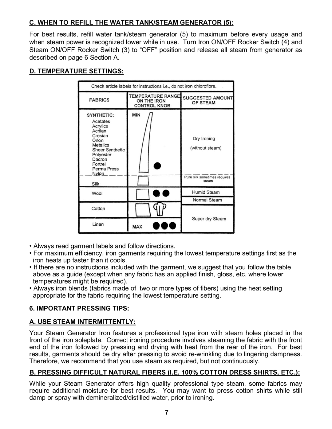 Euro-Pro EP8015 instruction manual When to Refill the Water TANK/STEAM Generator, Temperature Settings 