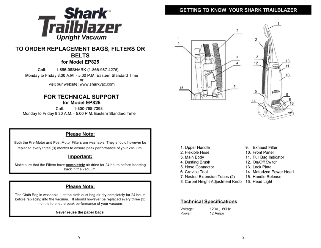 Euro-Pro EP825 owner manual Getting to Know Your Shark Trailblazer, Never reuse the paper bags 