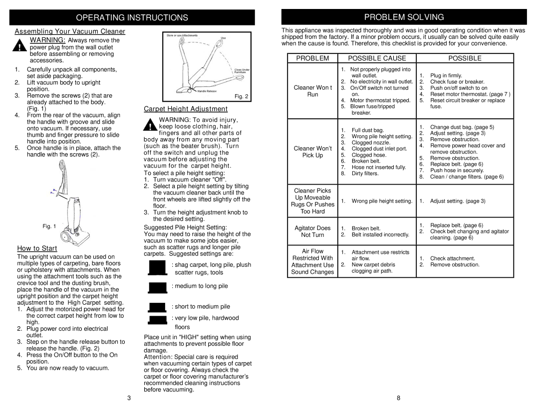 Euro-Pro EP825 owner manual Operating Instructions Problem Solving, Assembling Your Vacuum Cleaner, How to Start 