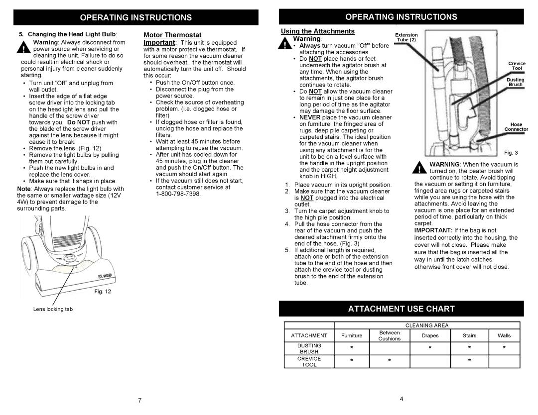 Euro-Pro EP825 owner manual Operating Instructions, Attachment USE Chart, Motor Thermostat, Using the Attachments 