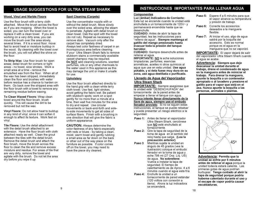 Euro-Pro EP903 owner manual Wood, Vinyl and Marble Floors, Spot Cleaning Carpets, Upholstery 