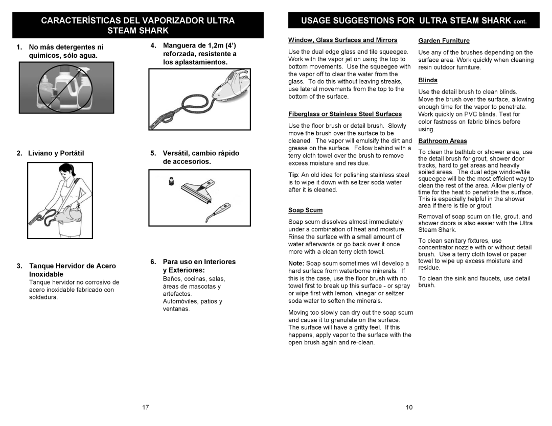 Euro-Pro EP903 owner manual Características DEL Vaporizador Ultra Steam Shark, Usage Suggestions for Ultra Steam Shark 